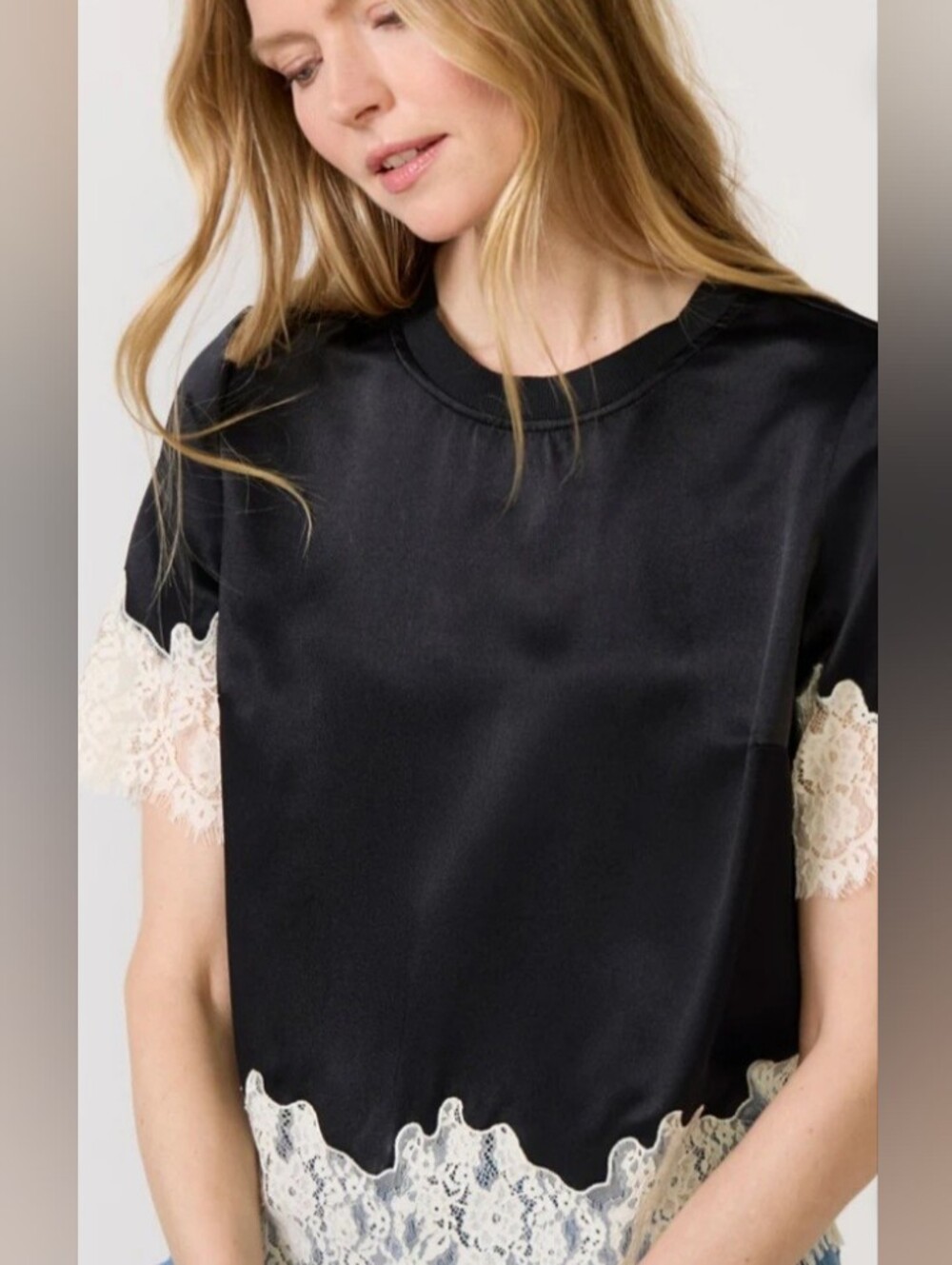 Evereve Sanctuary Black Satin Lace Short Sleeve Tee Size Large